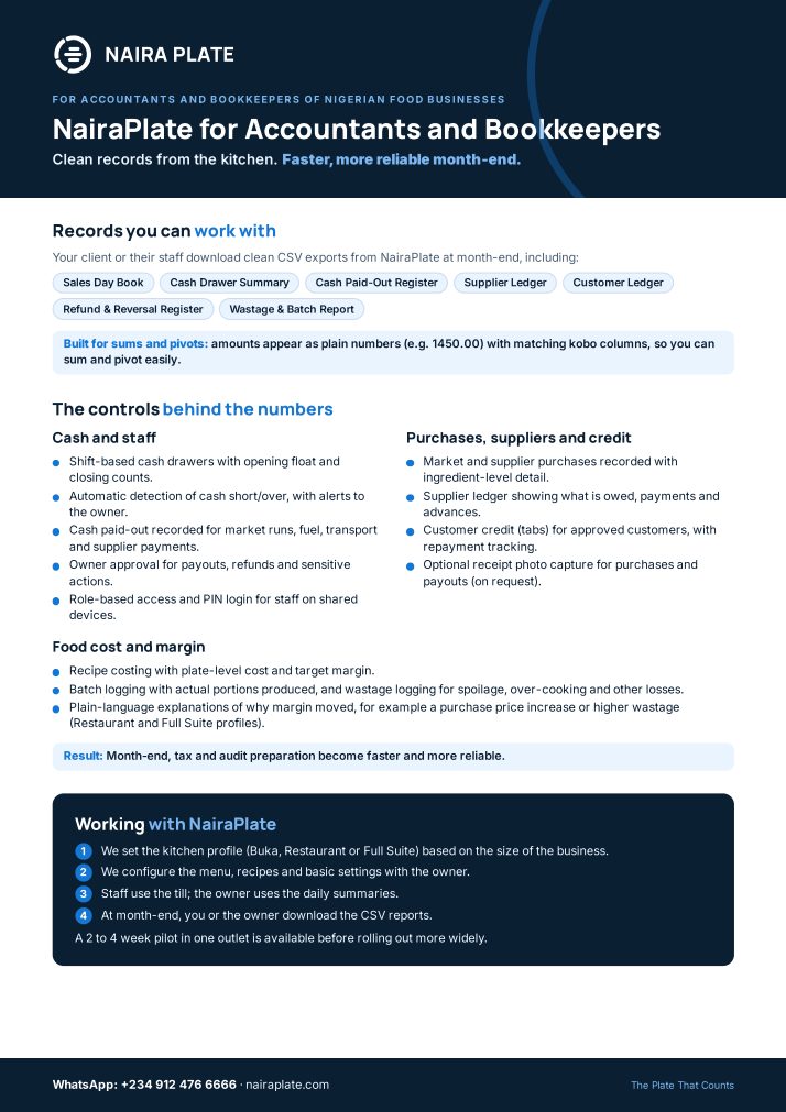 First page of the NairaPlate brochure for accountants and bookkeepers