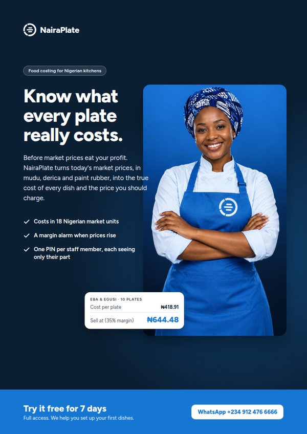 Cover of the NairaPlate brochure, showing a smiling chef and the headline Know what every plate really costs